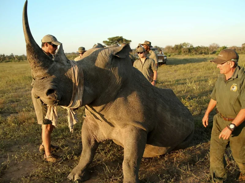 Veterinary and conservation team working on a sedated white rhino during a notching operation, andBeyond Phinda, KwaZulu-Natal
