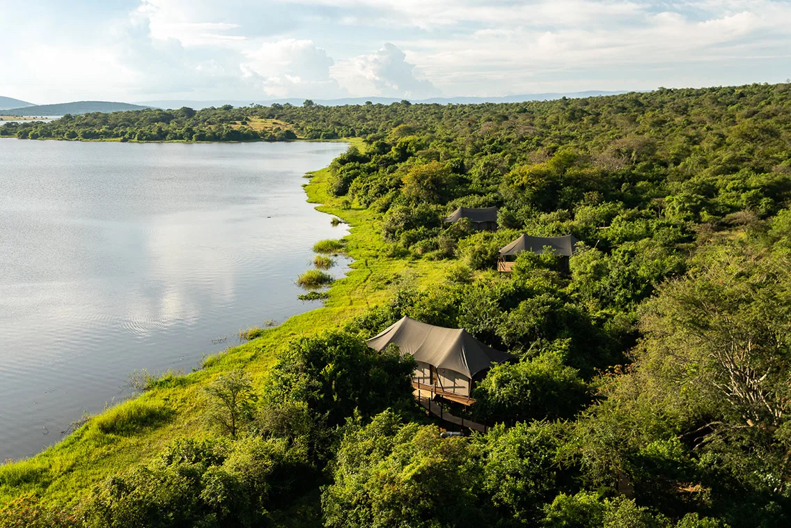 Magashi camp tents above Lake Rwanyakazinga, Akagera National Park