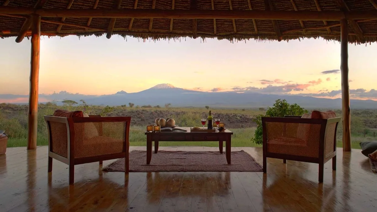 Lounge view of Kilimanjaro at dusk, Tortilis Camp Private House, Amboseli