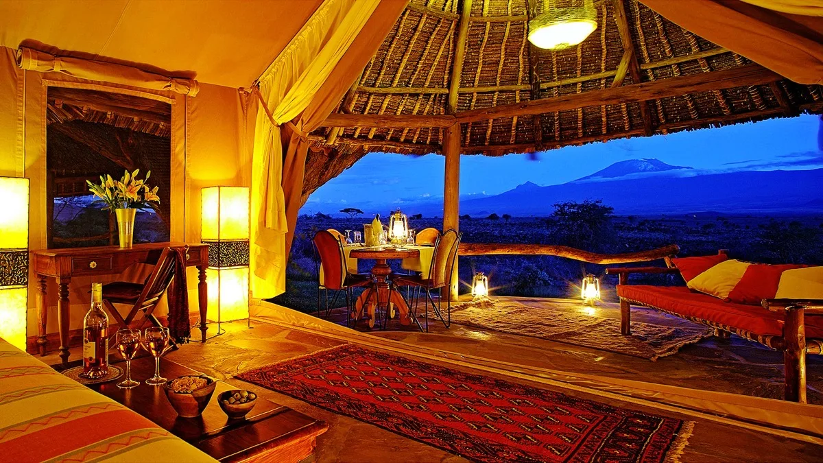 Tent at twilight with Kilimanjaro beyond, Tortilis Camp, Amboseli
