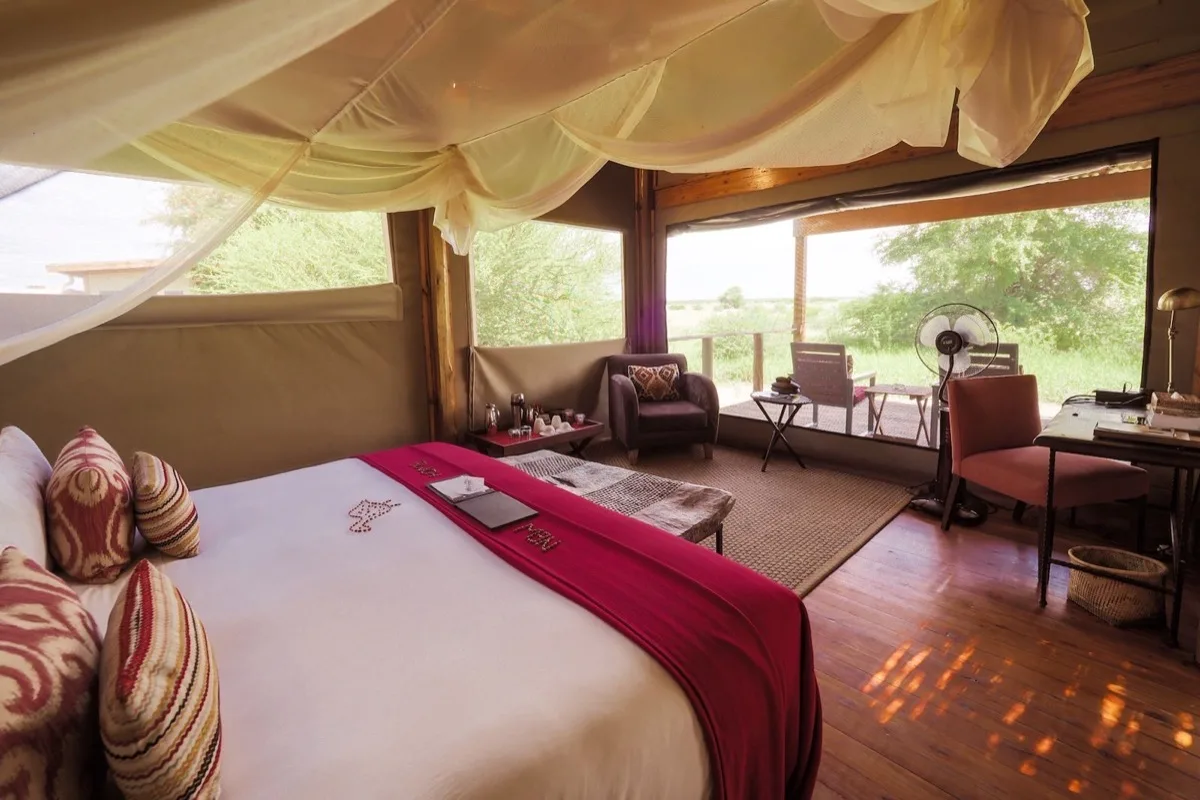 Tented suite looking onto the pans, Kalahari Plains Camp, Central Kalahari