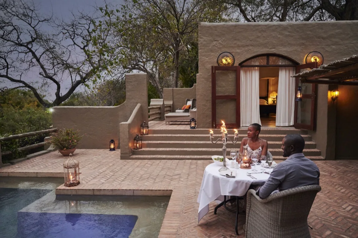 Private pool dinner at the honeymoon suite, Chobe Game Lodge
