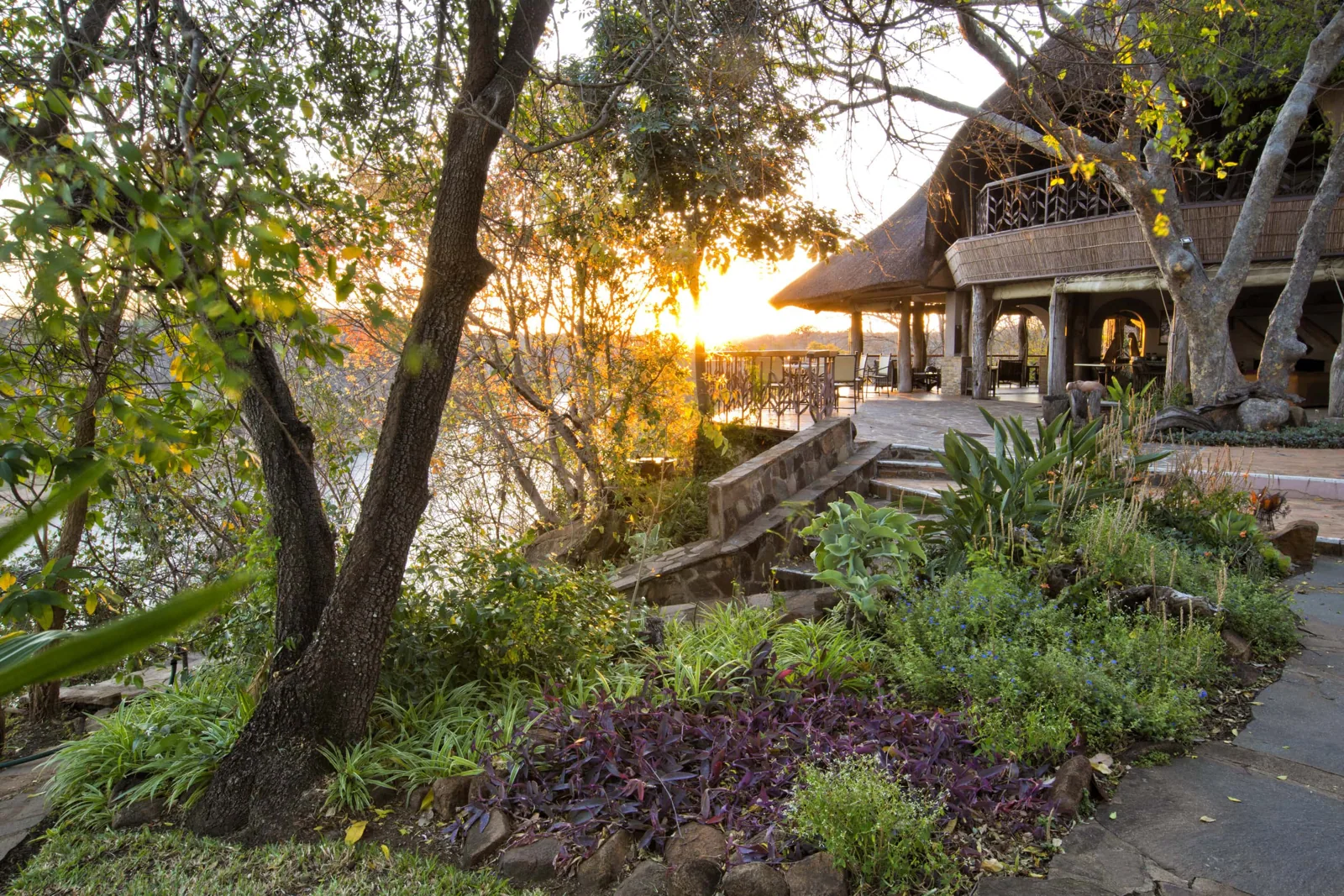 Chilo Gorge Safari Lodge deck above the Save River at sunset, Gonarezhou
