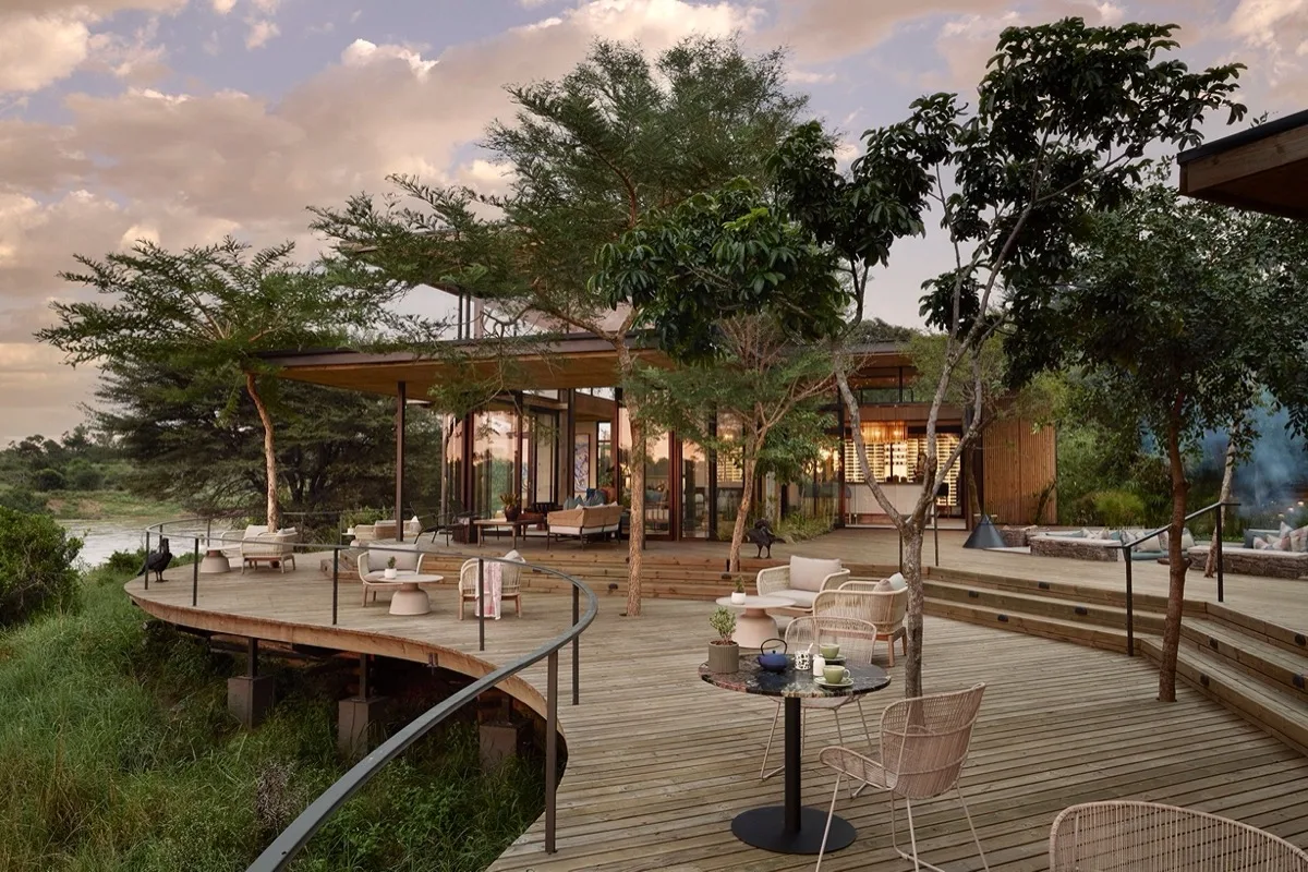 Deck at sunset over the Sabie River, Lion Sands Ivory Lodge, Greater Kruger