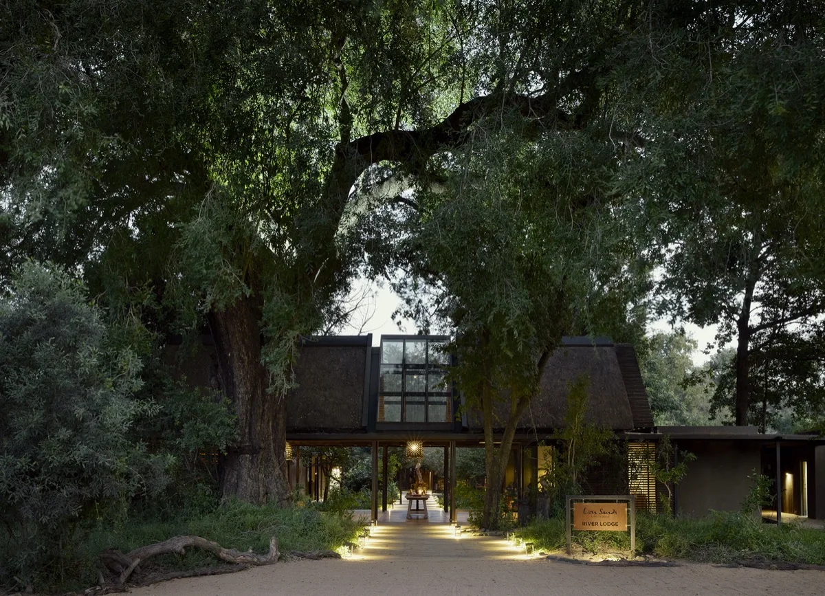 Arrival entrance under riverine trees, Lion Sands River Lodge, Sabie River, Kruger
