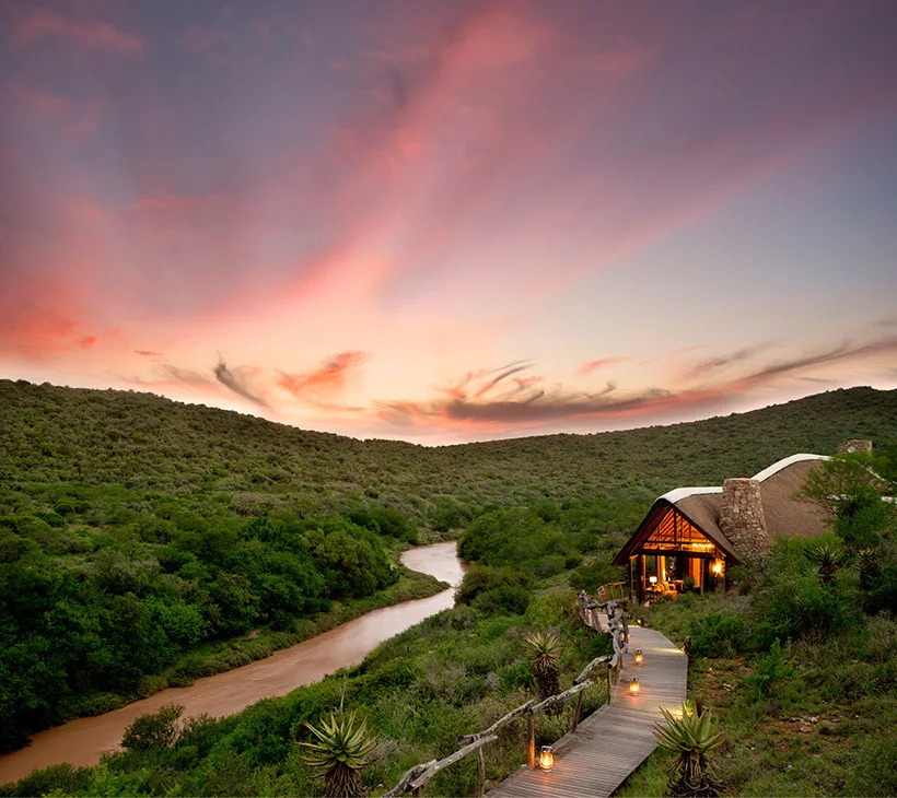 Great Fish River Lodge above the river at sunset, Kwandwe Private Game Reserve, Eastern Cape