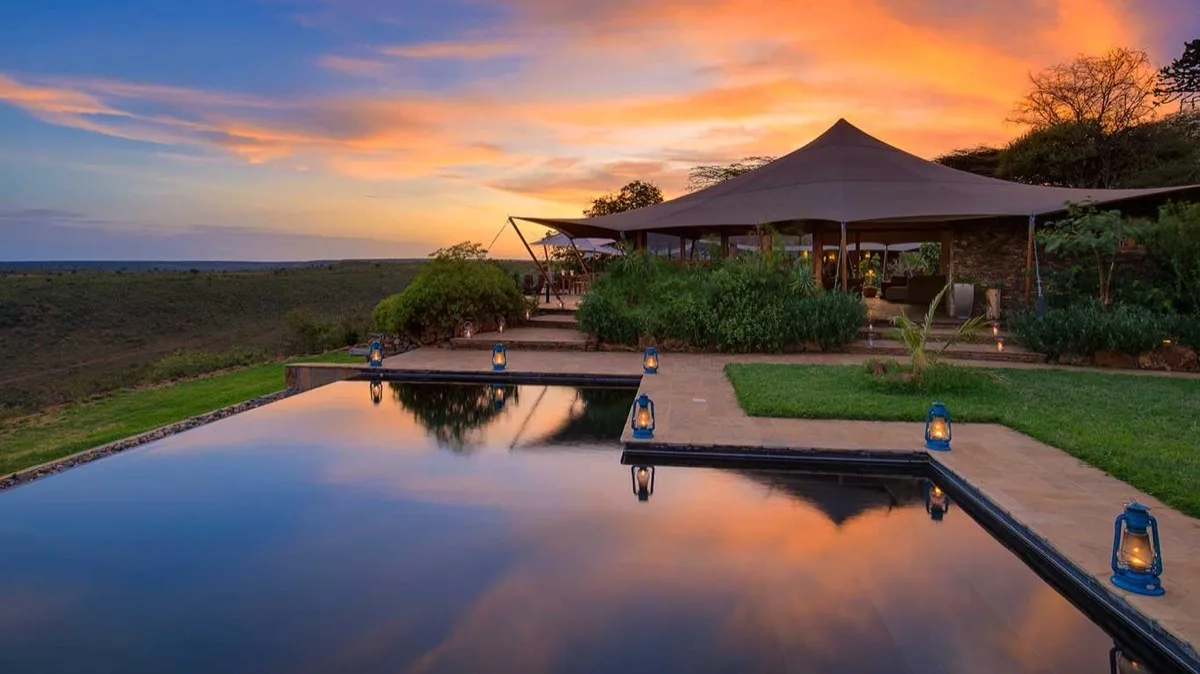 Infinity pool at sunset, Loisaba Tented Camp, Laikipia, Kenya