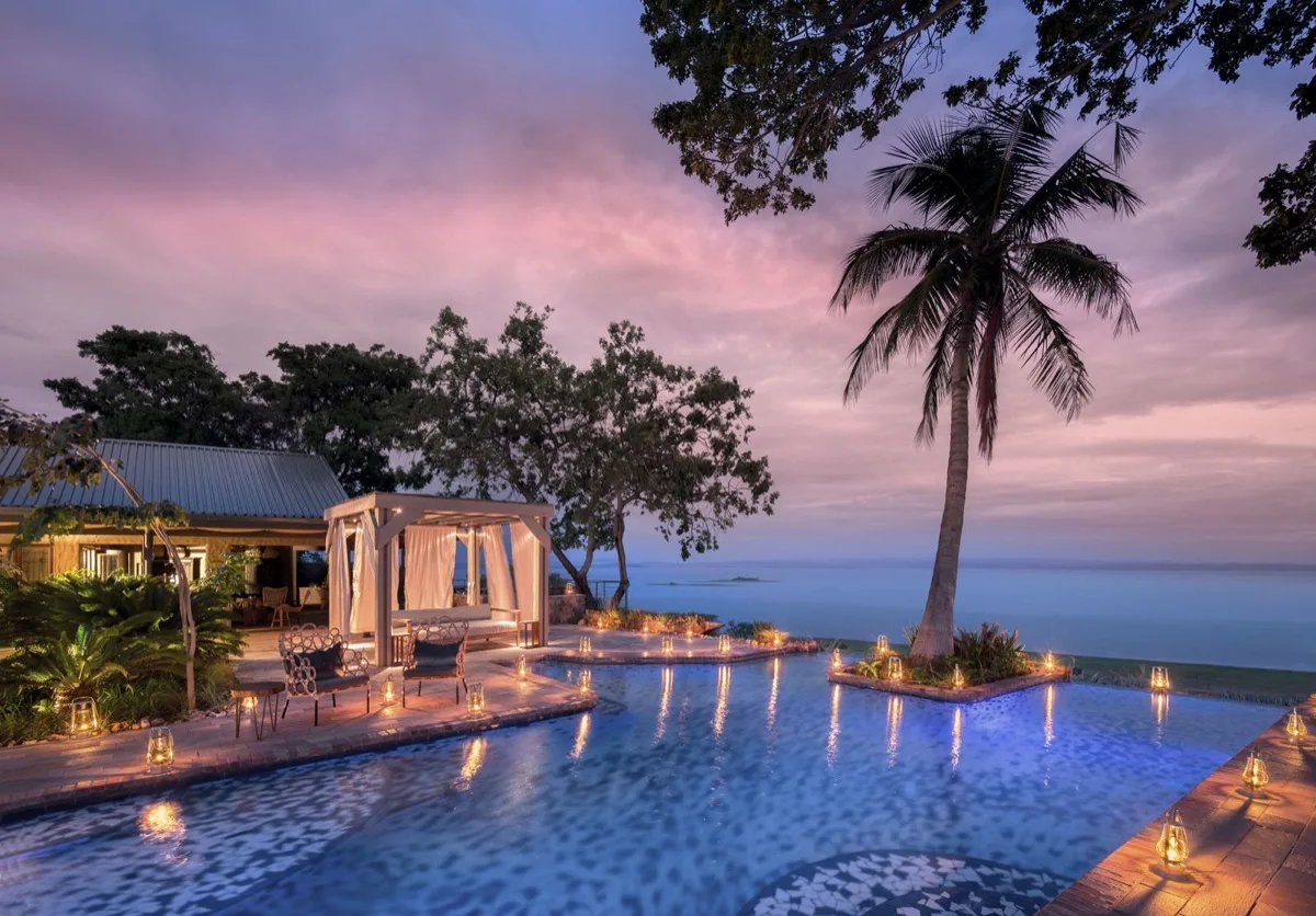 Pool at dusk above Lake Kariba, Bumi Hills Safari Lodge, Matusadona