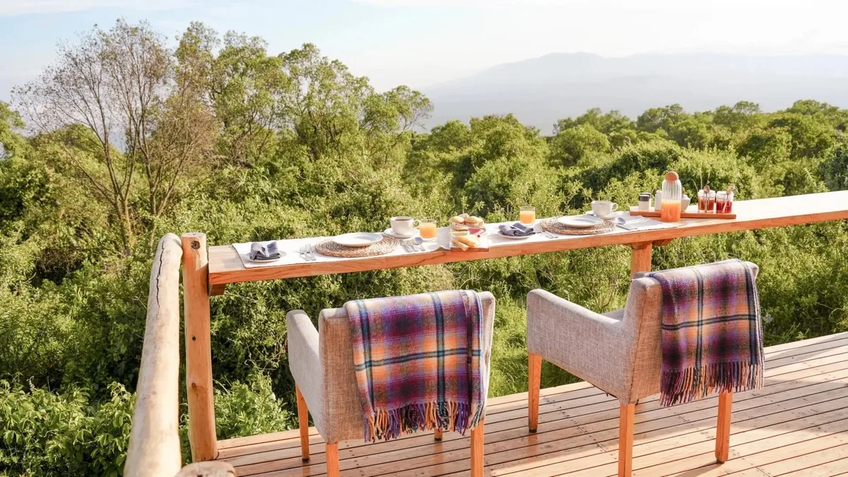 Breakfast on the deck above the crater forest, The Highlands, Ngorongoro