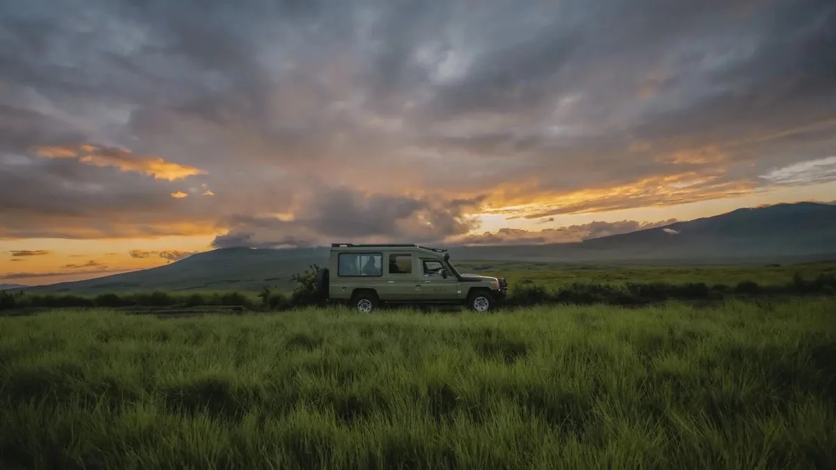 Safari vehicle in the green Ngorongoro highlands at sunset, Tanzania