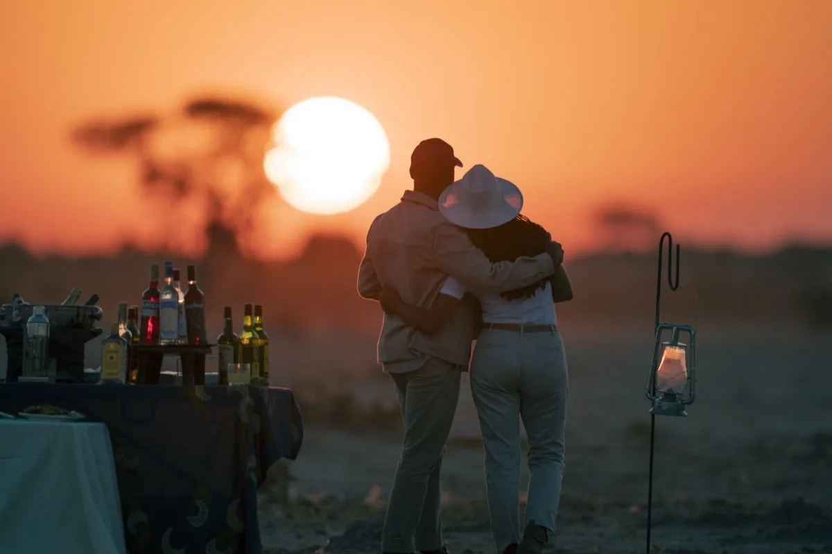 Sundowners over the Savuti Marsh at sunset, Botswana