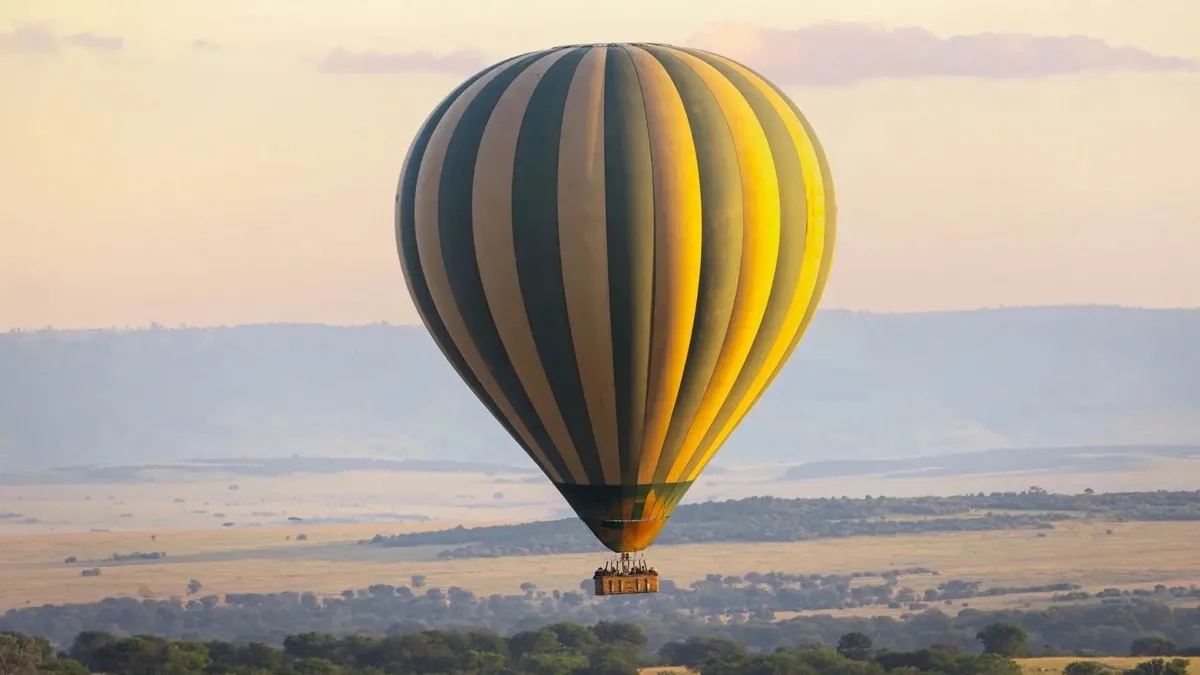 Hot air balloon at dawn over the Serengeti plains, Tanzania
