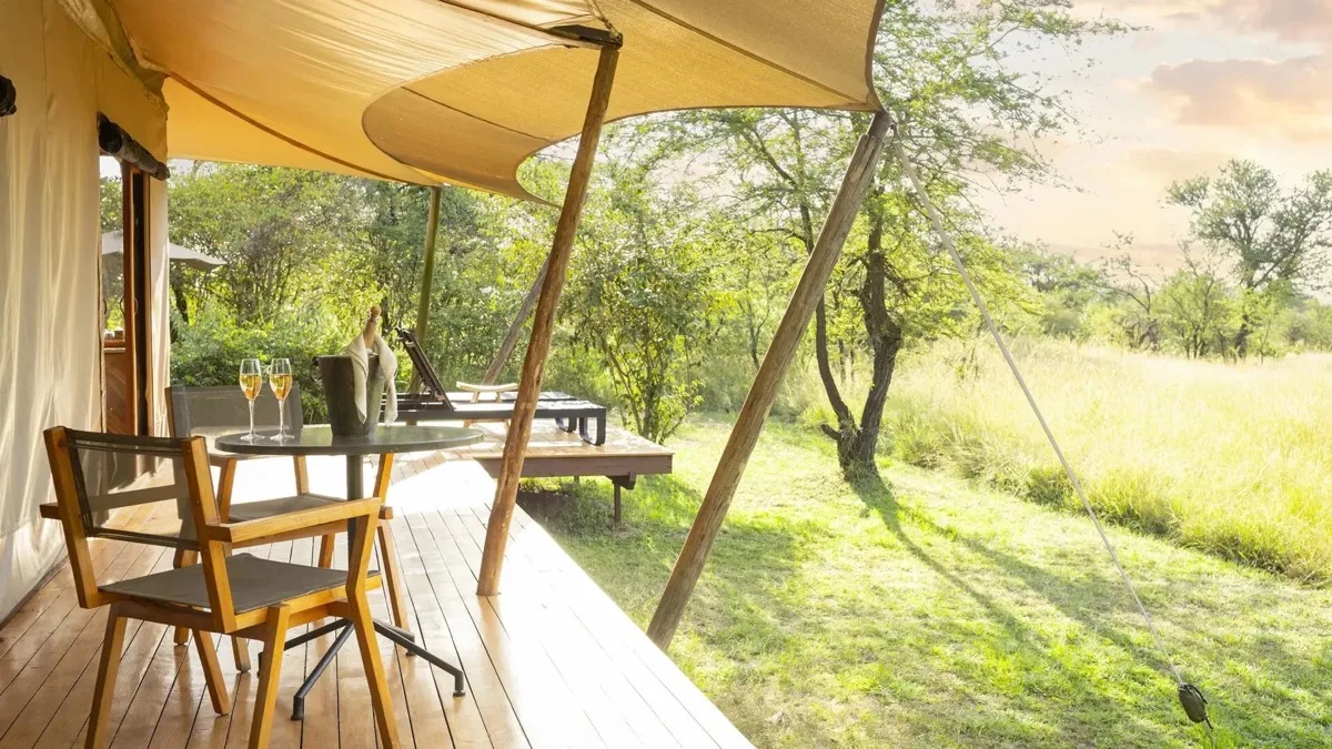 Champagne on a tent deck at Sayari Camp, northern Serengeti