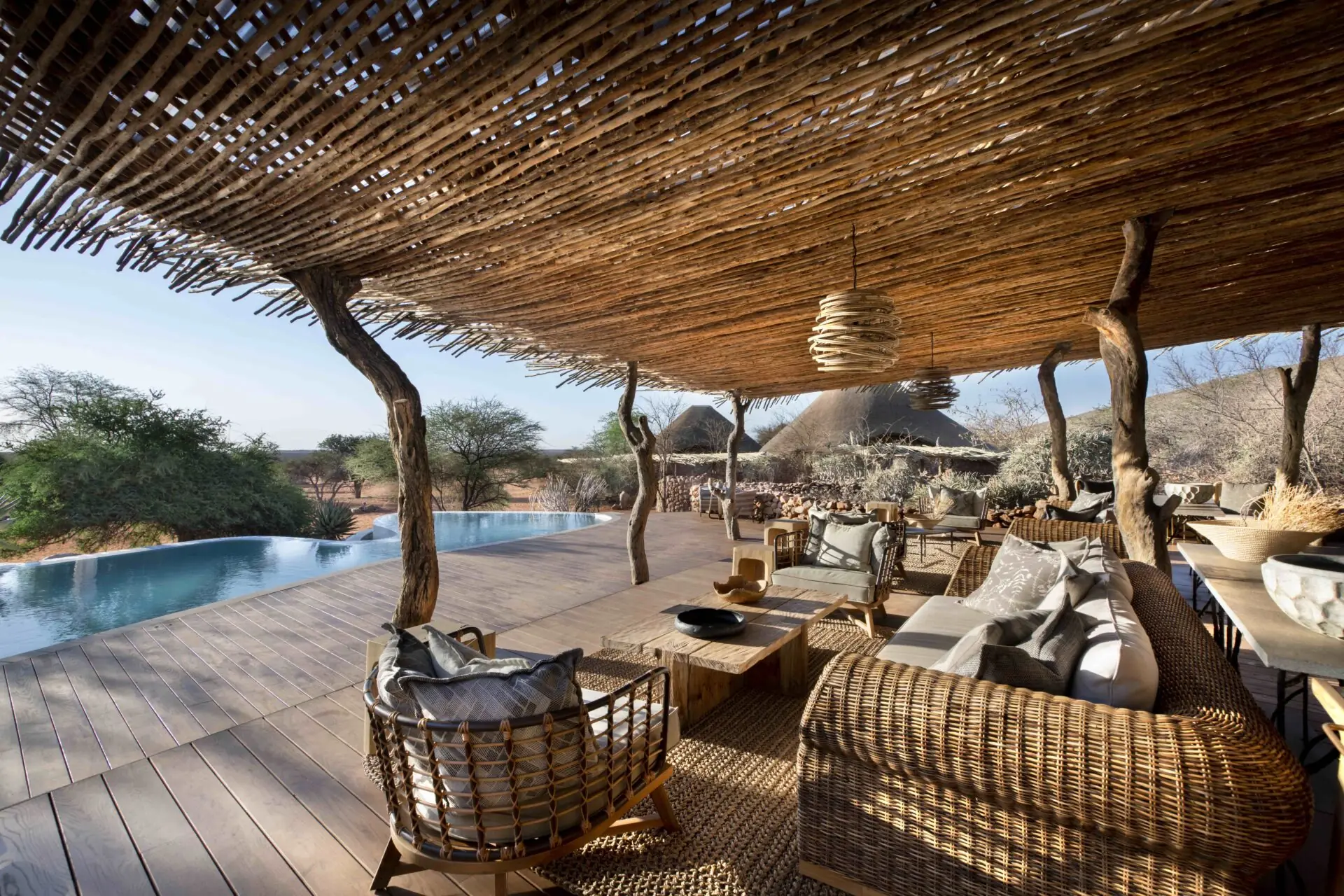 Shaded pool deck at The Motse, Tswalu Kalahari Reserve, Northern Cape