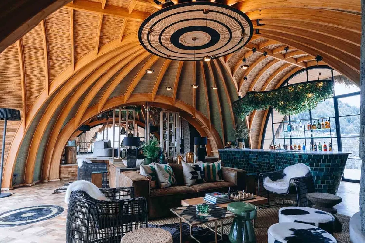Woven-domed lounge and bar at Wilderness Bisate, Rwanda