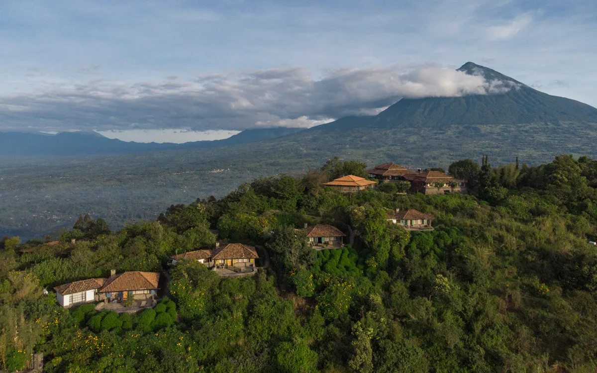 Virunga Lodge on its ridge below Mount Muhabura, Rwanda