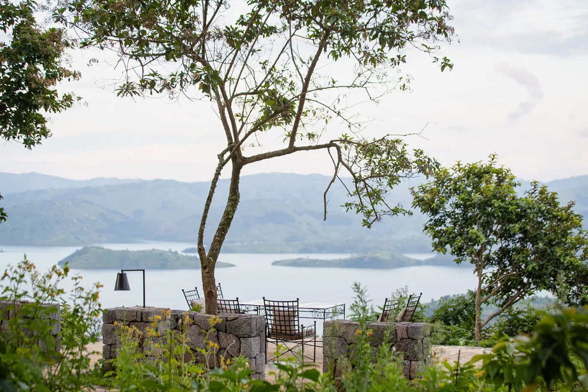 Terrace view over the twin lakes from Virunga Lodge, Rwanda