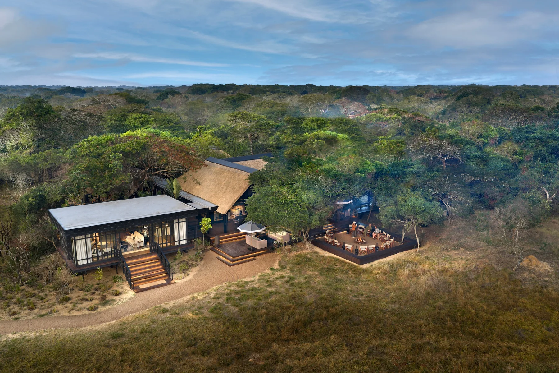 Aerial view of the rebuilt lodge and firepit deck set into the sand forest, andBeyond Phinda Vlei Lodge, KwaZulu-Natal