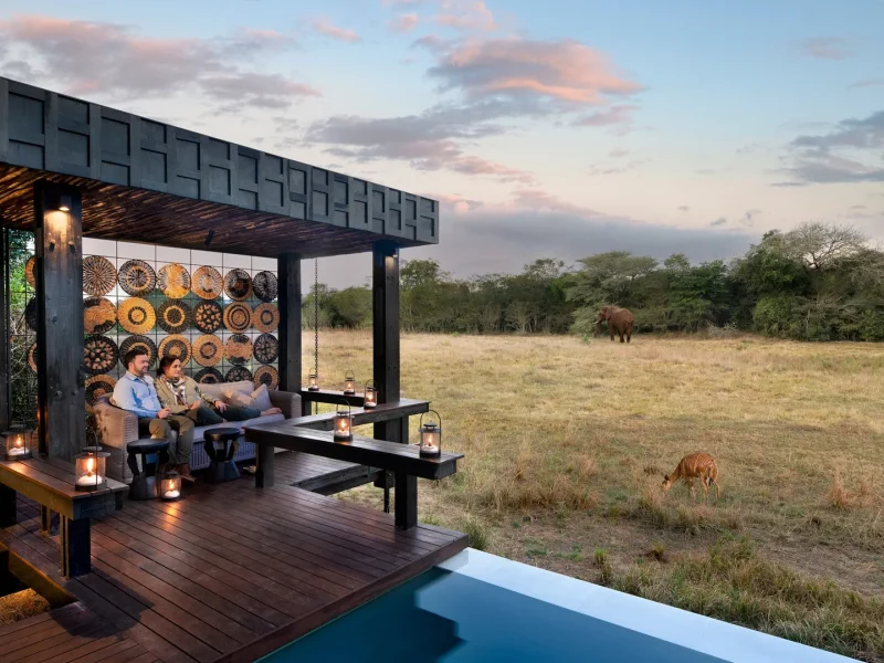 Couple in a private sala above the plunge pool with nyala and an elephant on the vlei, andBeyond Phinda Vlei Lodge, KwaZulu-Natal